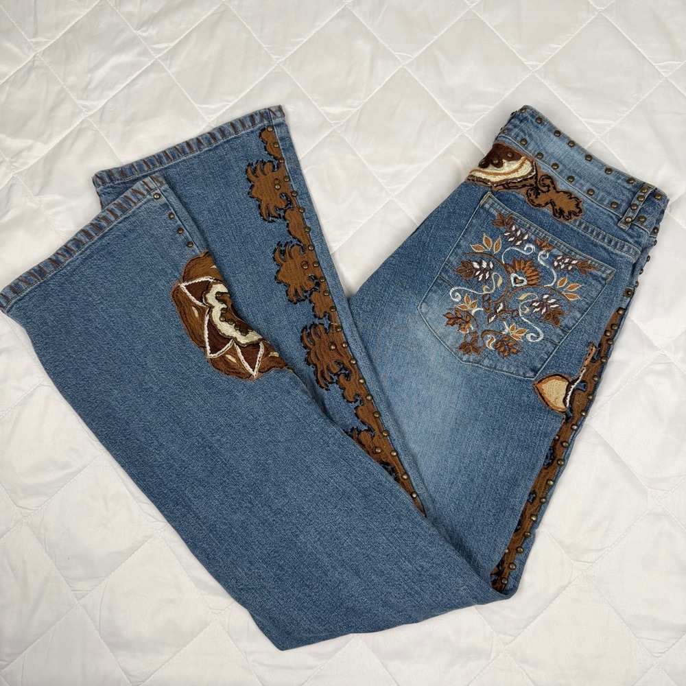 Basil & Maude Jeans Womens 6 Blue Embroidered Studded Y2K Low Rise Bootcut Long - Picture 14 of 14